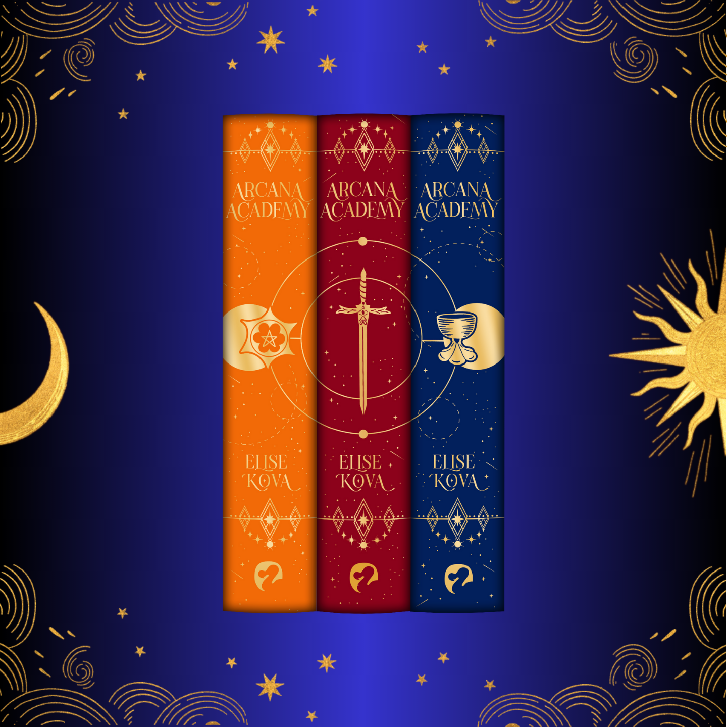 Acarca Academy Board spines - three designs, all have author and title in gold foil. One is orange with gold foil pentacle symbol, one red with gold foil sword and one blue with gold foil cup